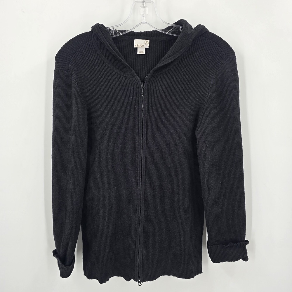 Caslon Cardigan Women's Large ‎ Hooded Black Zip Up Sweater